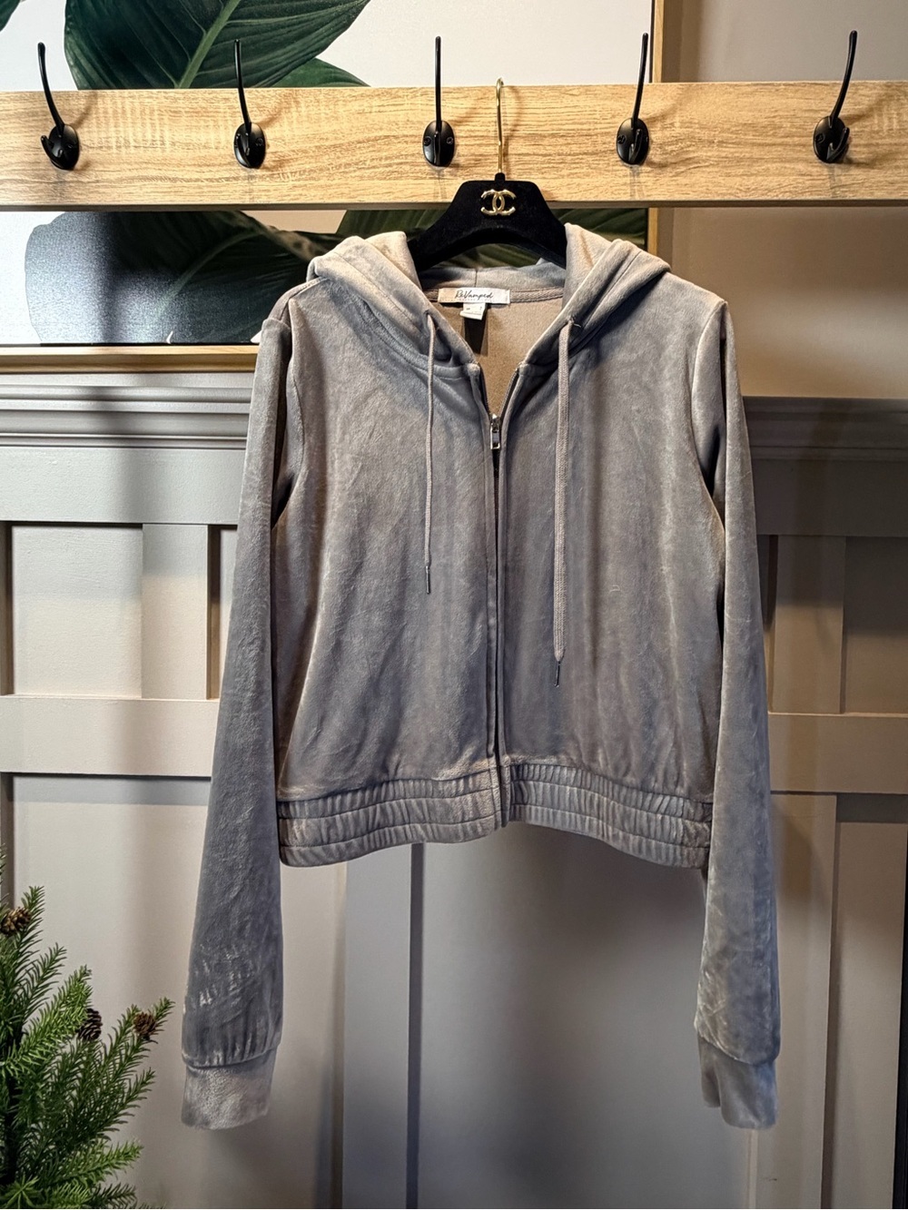 Velour Zip-Up Hoodie Jacket in Light Gray - Women